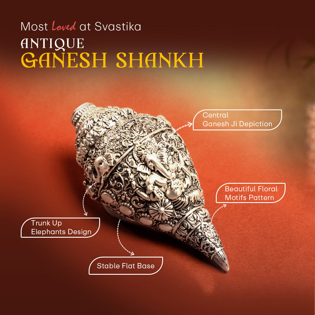 Antique Ganesh Shankh (Conch) 999 Silver Plated | Best for Gifting, Pooja & Decor Showpiece