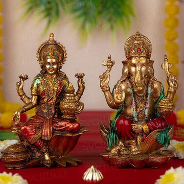 Svastika Ganesha Lakshmi Murti Pair (Antique Finish) - 7 Inch
