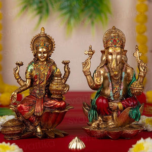 Ganesh Lakshmi With Antique Murti Pair (7 Inch)