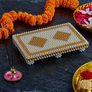 White & Gold Pearl Pooja Chowki (9 inch)