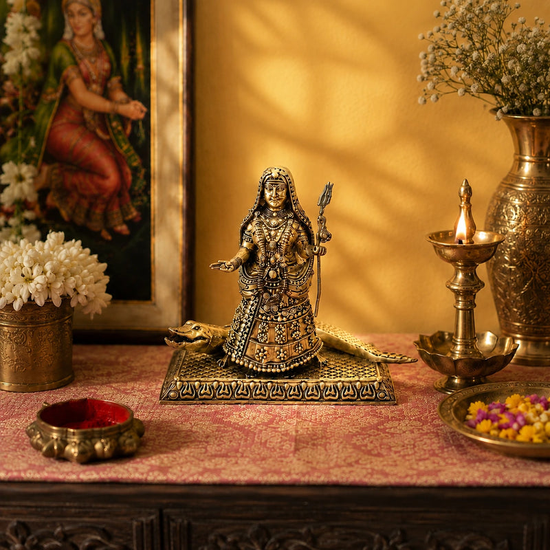 Khodiyar Mata Murti with Trishul & Crocodile Vahana (4.2 Inch)