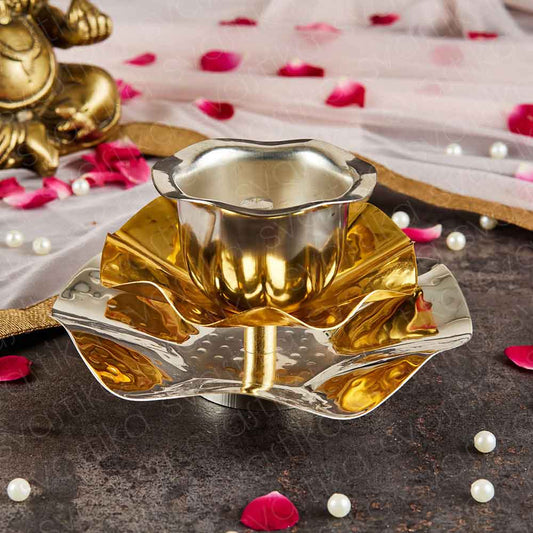 Exquisite Brass Lotus Blossom Diya with Gold & Silver Finish