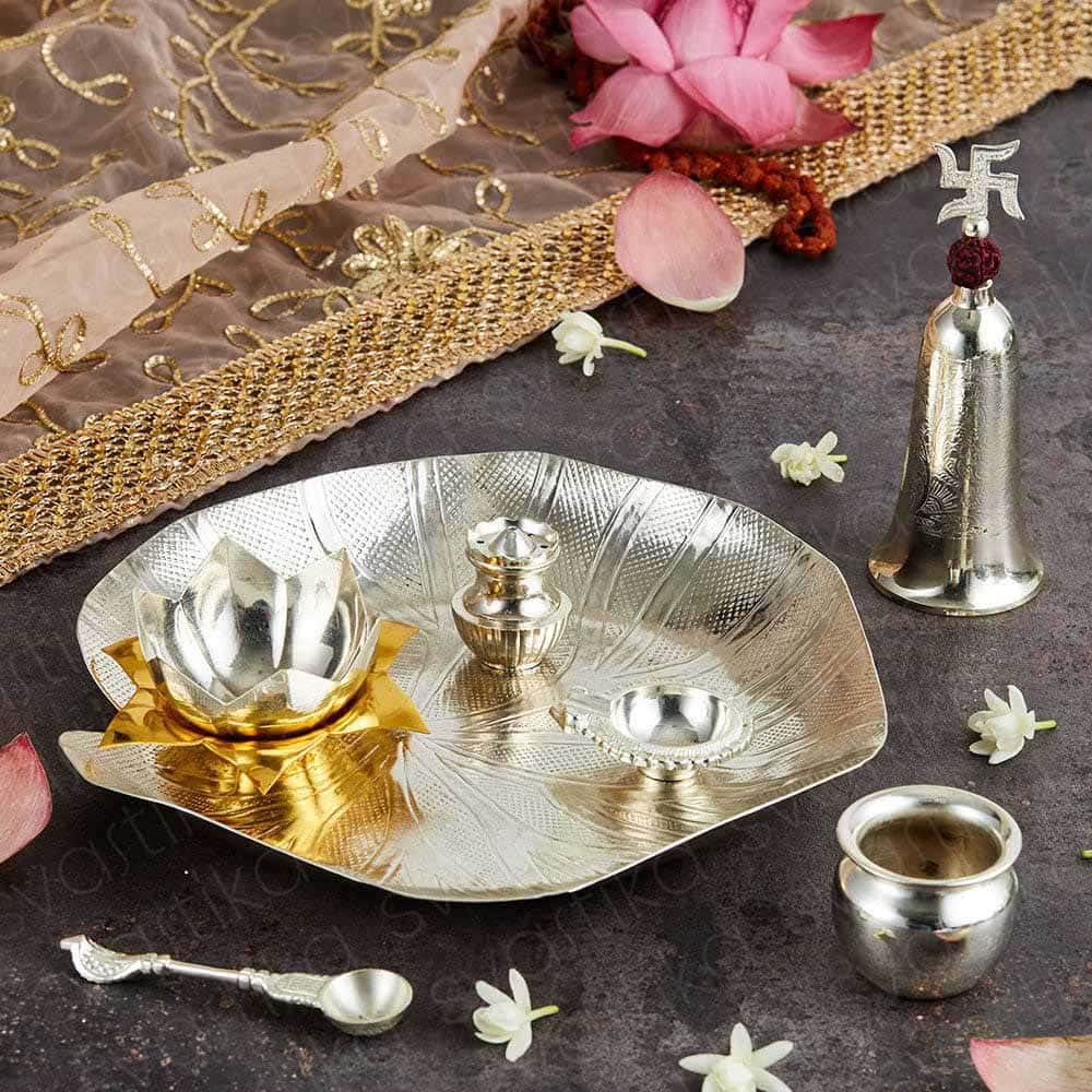Luxurious Silver-Plated Lotus Leaf Pooja Thali Set for Sacred Rituals