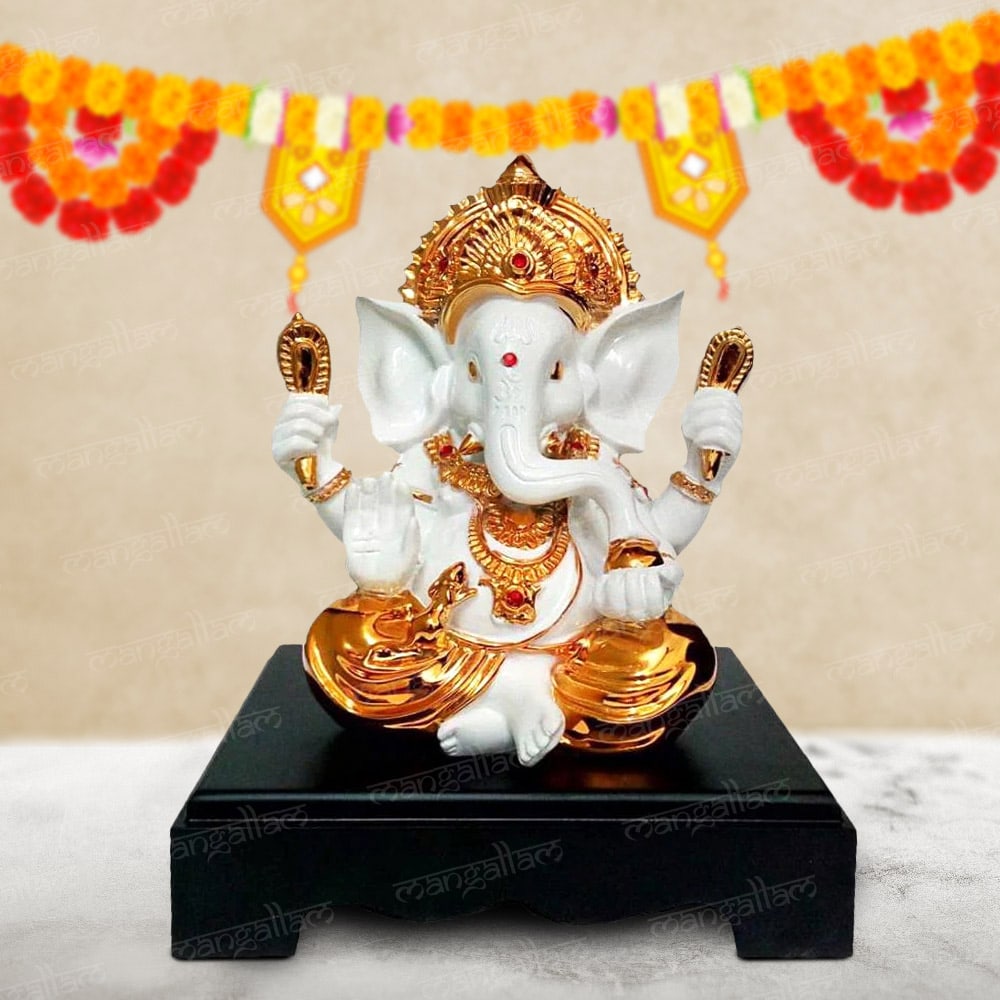 24K Gold Plated Four Armed Lord Ganesha Idol For Home Decor | Temple | Gifting (9 inch)