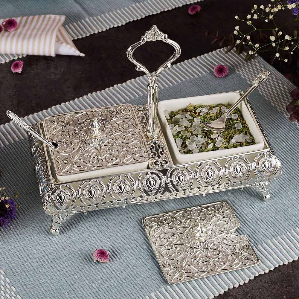 silver plated 2 bowl mukhwas