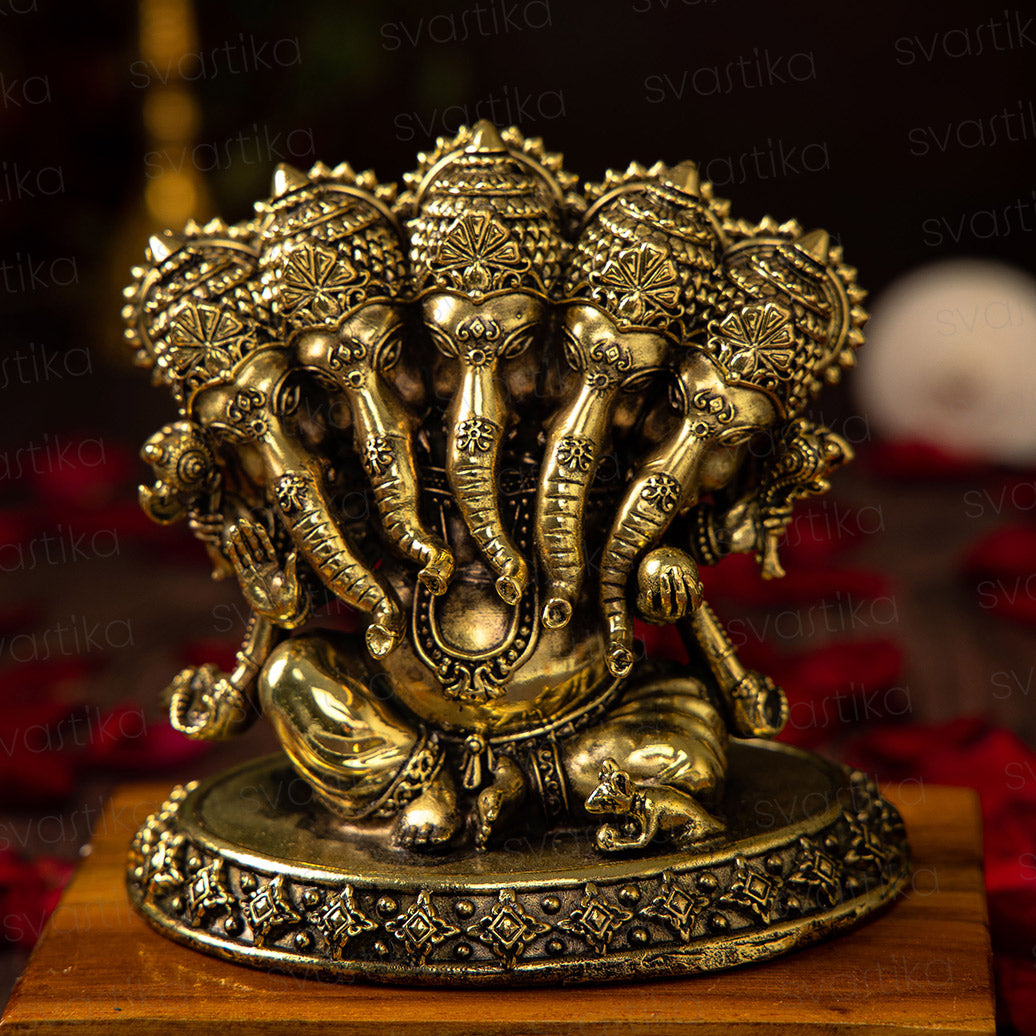 Brass Panchamukhi Ganesha Idol | 4.5" Lovely Heramba Ganapati Murti For Home Mandir & Gifting