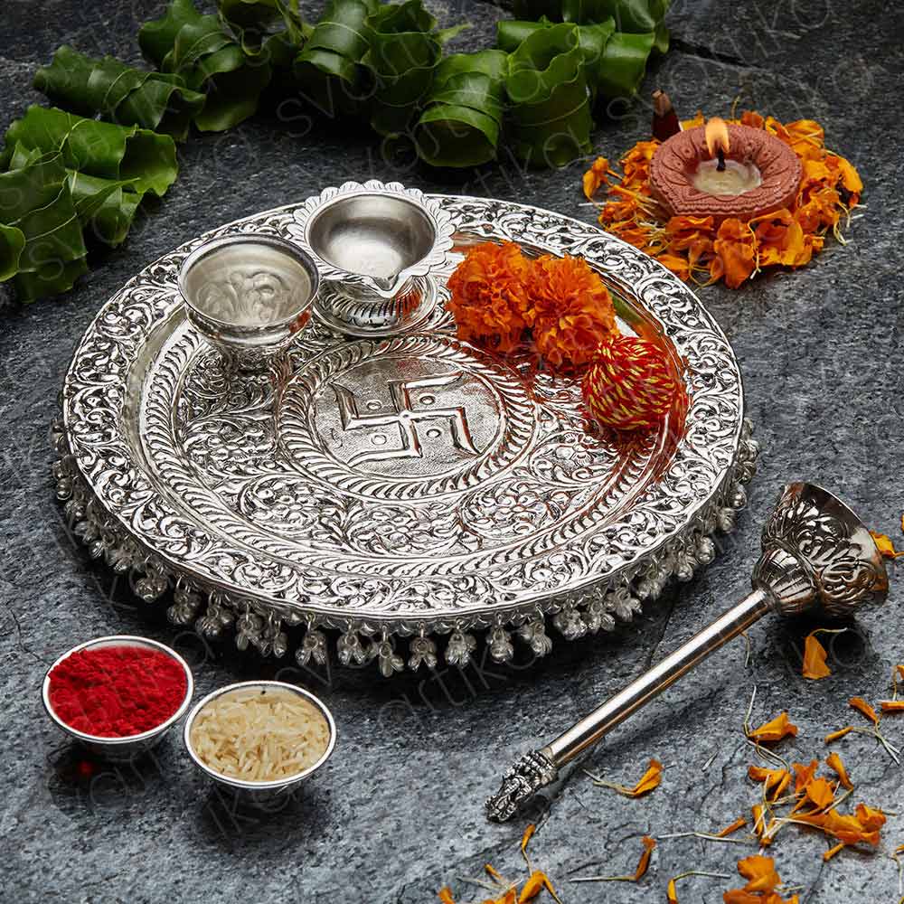 silver plated svastika engraved pooja thali