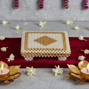 White & Gold Pearl Pooja Chowki (7 Inch)