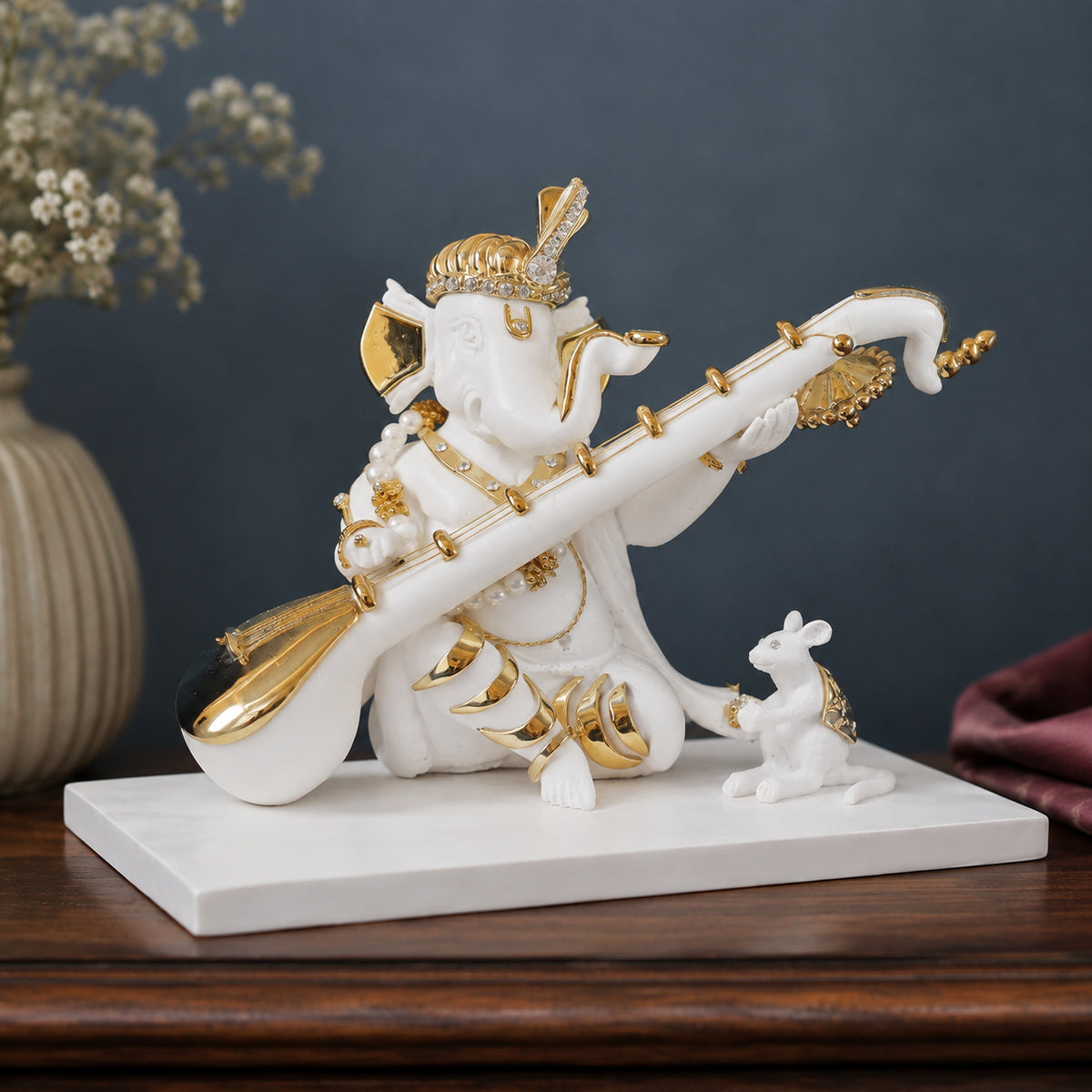 Ganesh Sitar Idol in Divine Rhythm - three-quarter view