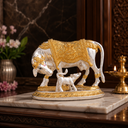 Svastika Kamdhenu cow with calf gold and silver plated idol detailed front view