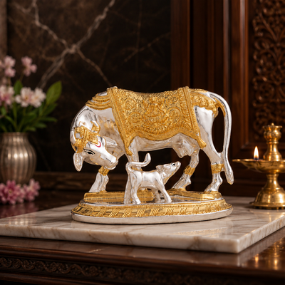 Svastika Kamdhenu cow with calf gold and silver plated idol detailed front view