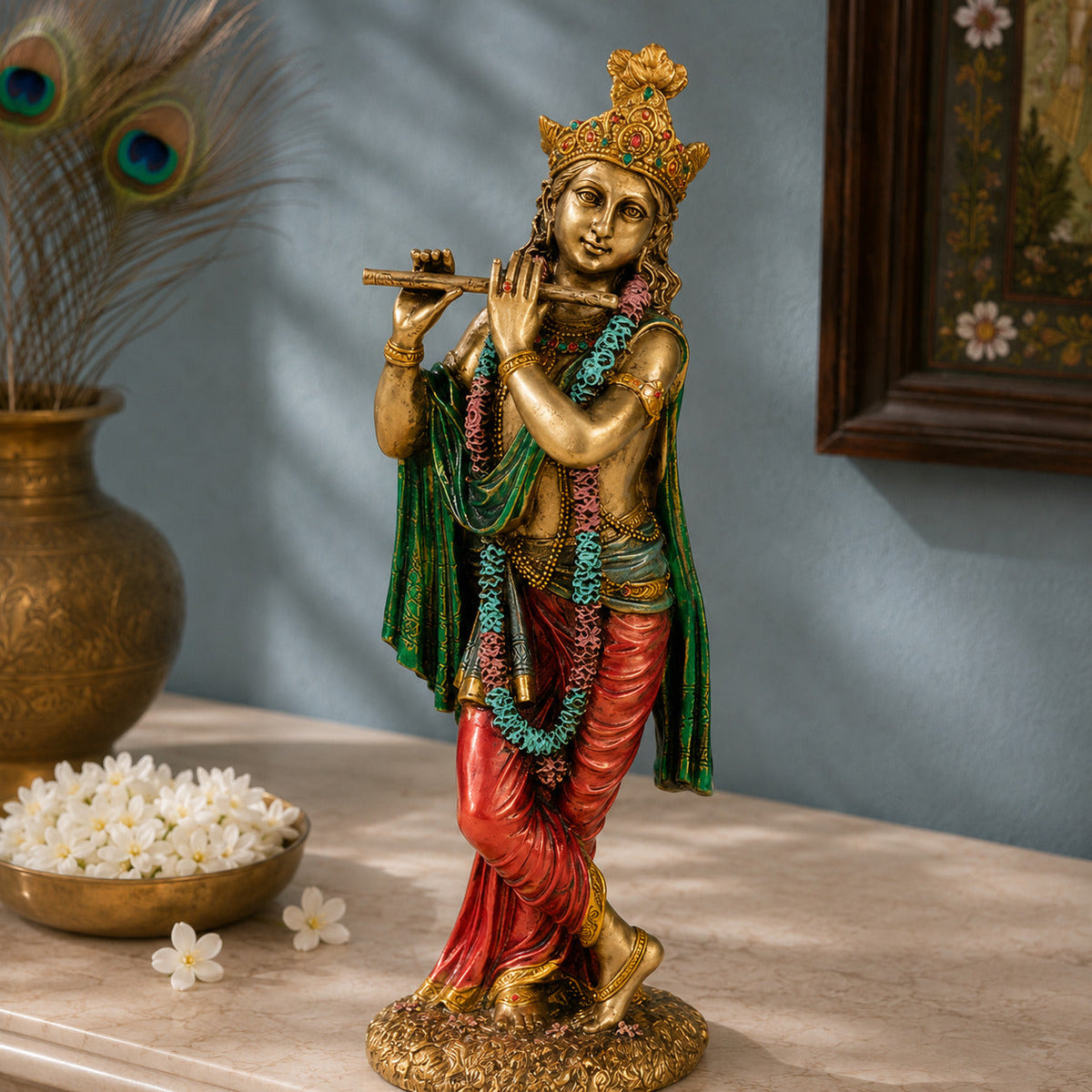 Svastika Krishna Standing Statue Antique Murti 10 Inch – close-up product view