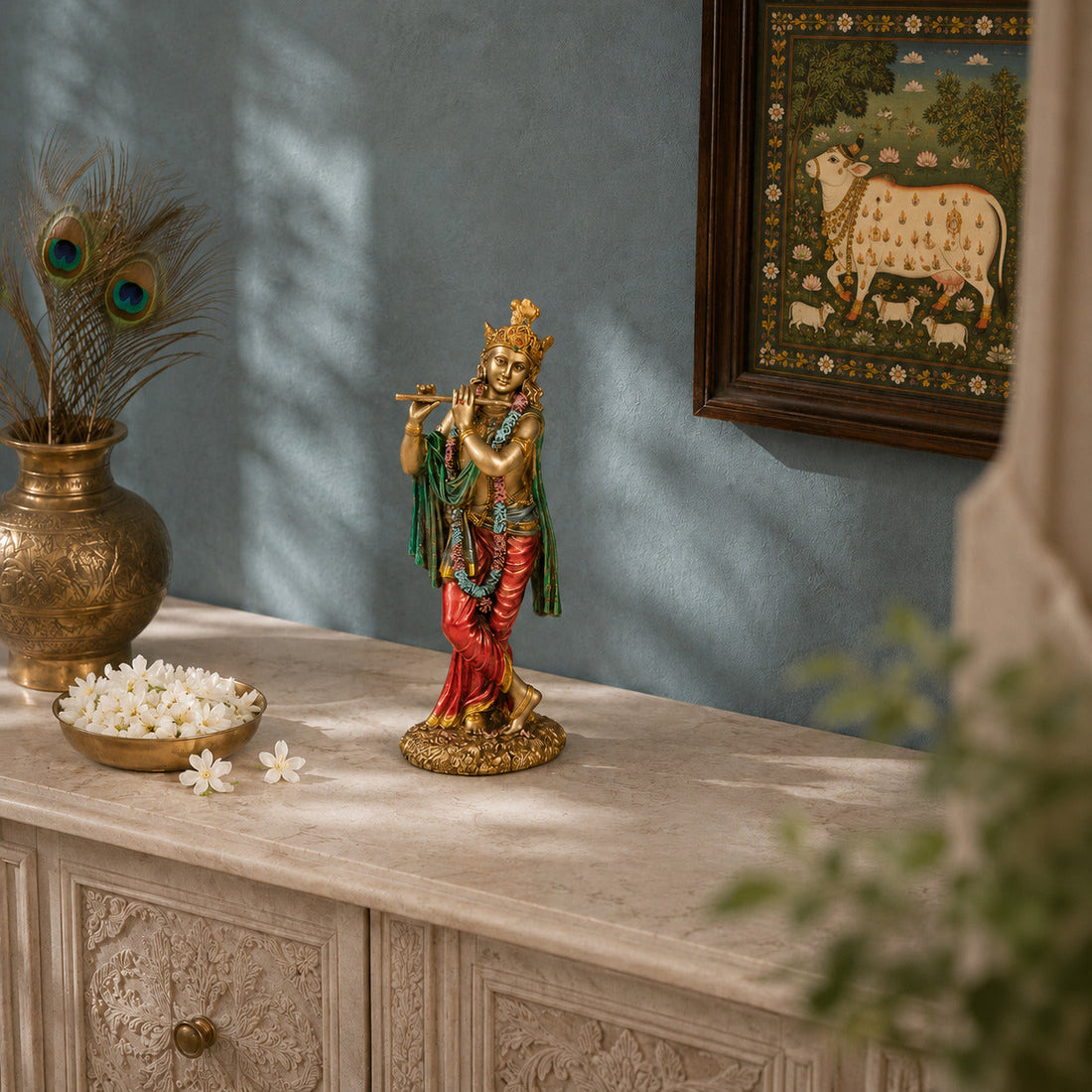 Svastika Krishna Standing Statue Antique Murti 10 Inch – close-up product view