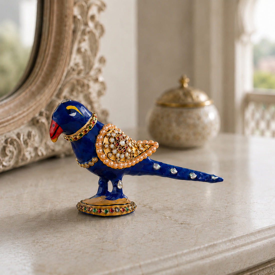 Svastika Meenakari parrot statue 3 inch hero side view for home decor