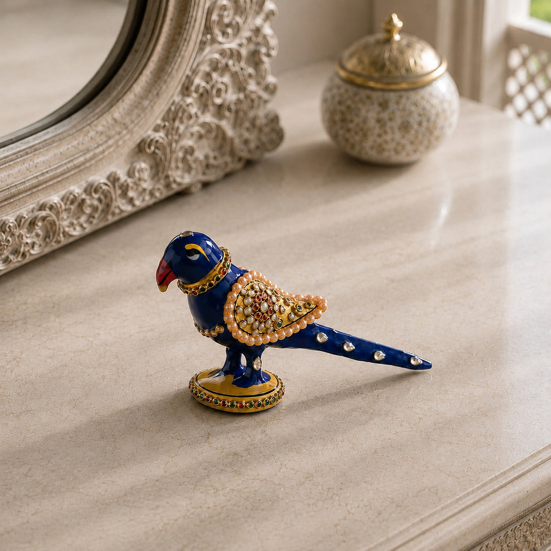 Svastika Meenakari parrot statue 3 inch hero side view for home decor