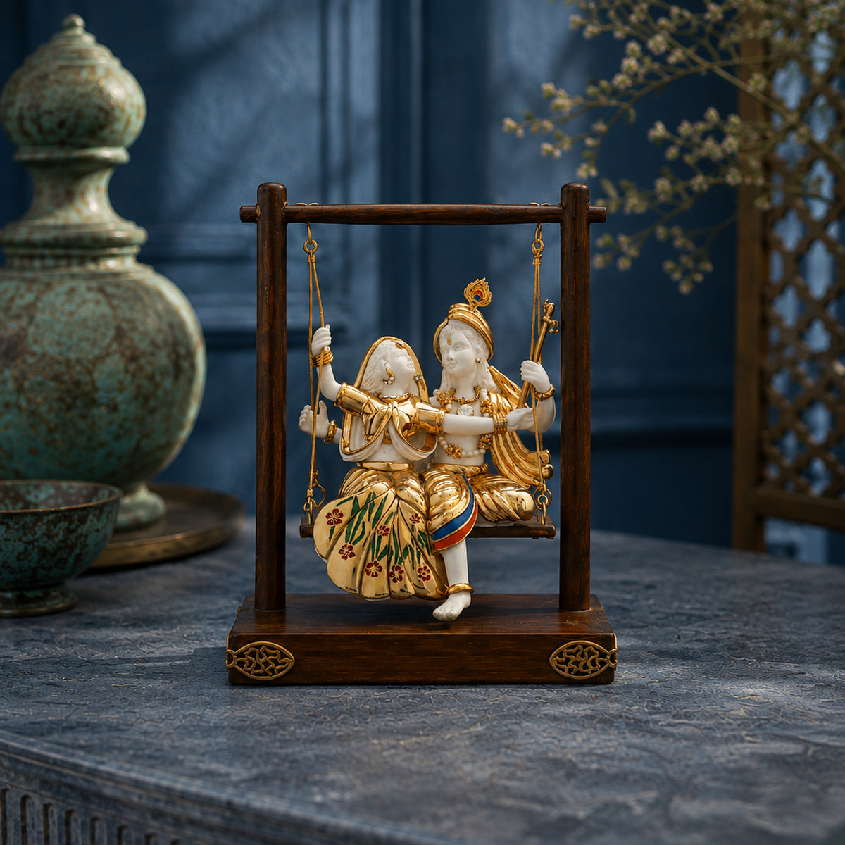 Radha Krishna swing murti in white and gold, front view