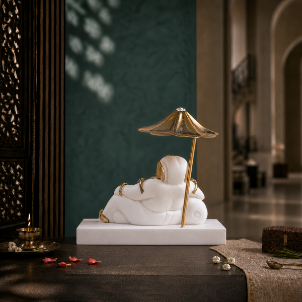 Svastika resting Ganesh idol with umbrella for car dashboard, white and gold 4 inch rear view