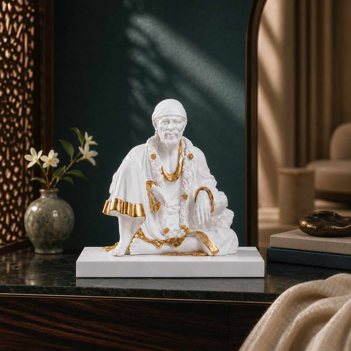 Svastika white and gold Sai Baba idol 6 inch front-facing hero image