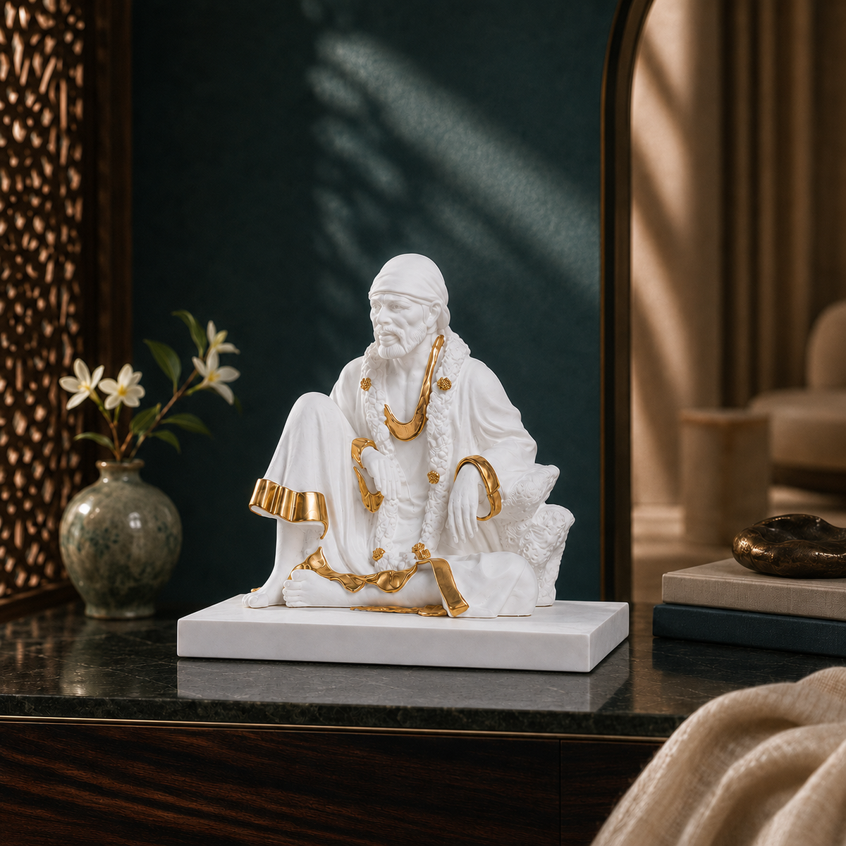 Svastika white and gold Sai Baba idol 6 inch opposite angle view