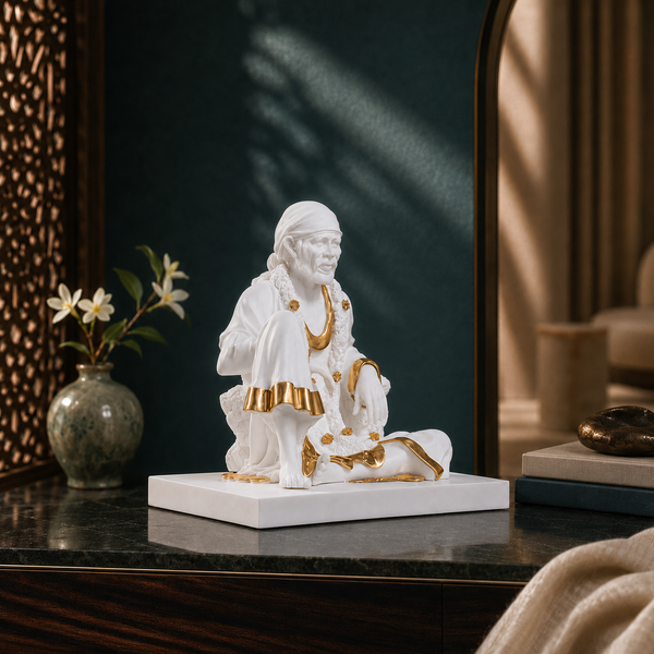 Svastika white and gold Sai Baba idol 6 inch three-quarter view