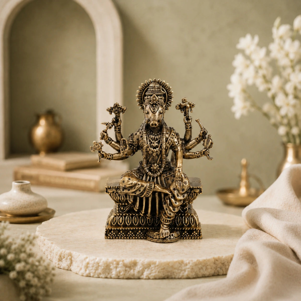 Varahi Devi Murti with Eight Arms Seated on Throne (4 inch)