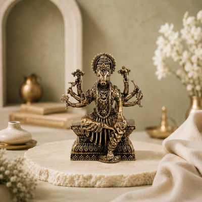 Brass Varahi Devi Murti with Eight Arms Seated on Throne (4 Inch)