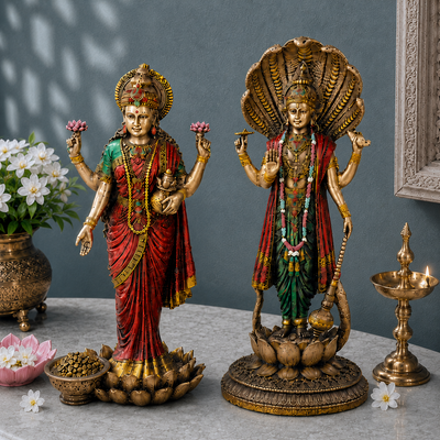 Lord Vishnu and Maa Lakshmi standing antique idol pair close-up hero image