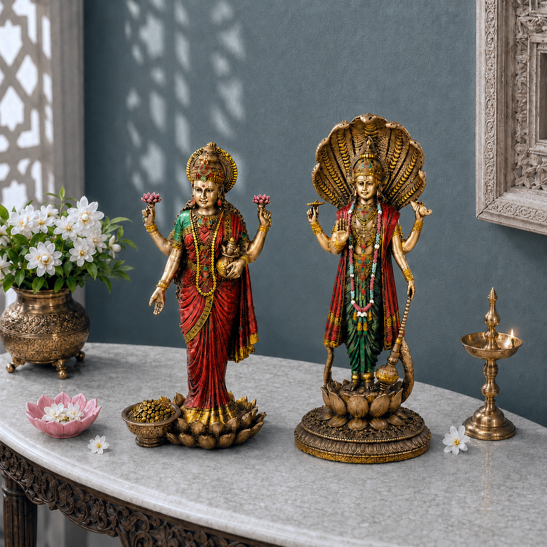 Lord Vishnu and Maa Lakshmi standing antique idol pair close-up hero image