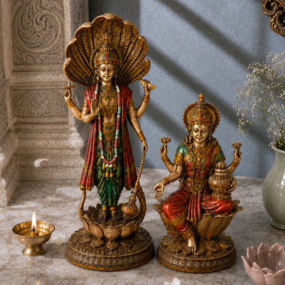 Lord Vishnu & Goddess Lakshmi Antique Murti Set (12 Inch & 7 Inch)