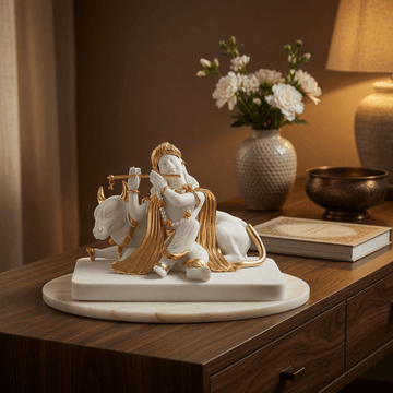 Luxurious White & Gold Lord Krishna With Cow Idol (5.5 Inch)