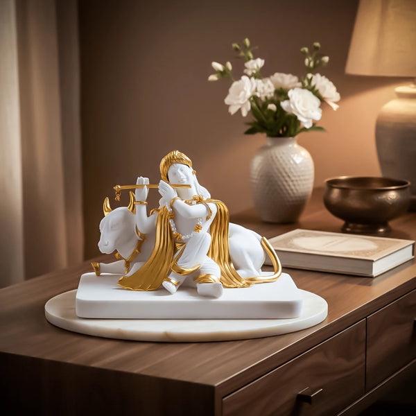 Luxurious White & Gold Lord Krishna With Cow Idol (5.5 Inch)